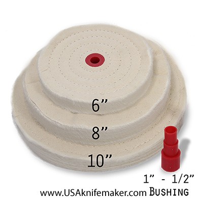 Buffing Wheel Spiral Sewn - 6", 8" or 10"- 80ply Muslin 1" Arbor Hole - with Arbor Adapter for 1/2" - 3/4"