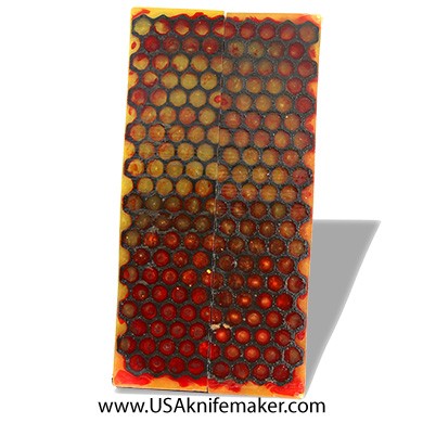 Resin Hybrid3D™ Black Hexagon Grid & Red/Gold Cast Resin Scales - .375" x 1.5" x 6" - Knife Handle Material