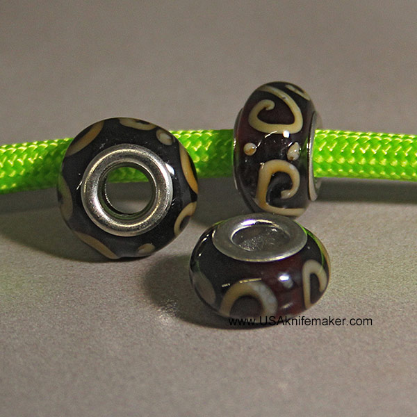 Spacer Bead - Glass - Dark Red with Tan Swirls - .53" Round x .35" Height with a .19" hole diameter