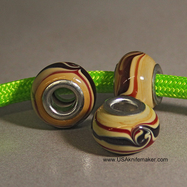 Spacer Bead - Glass - Tan with Red & Brown Swirls Bead - .53" Round x .35" Height with a .19" hole diameter